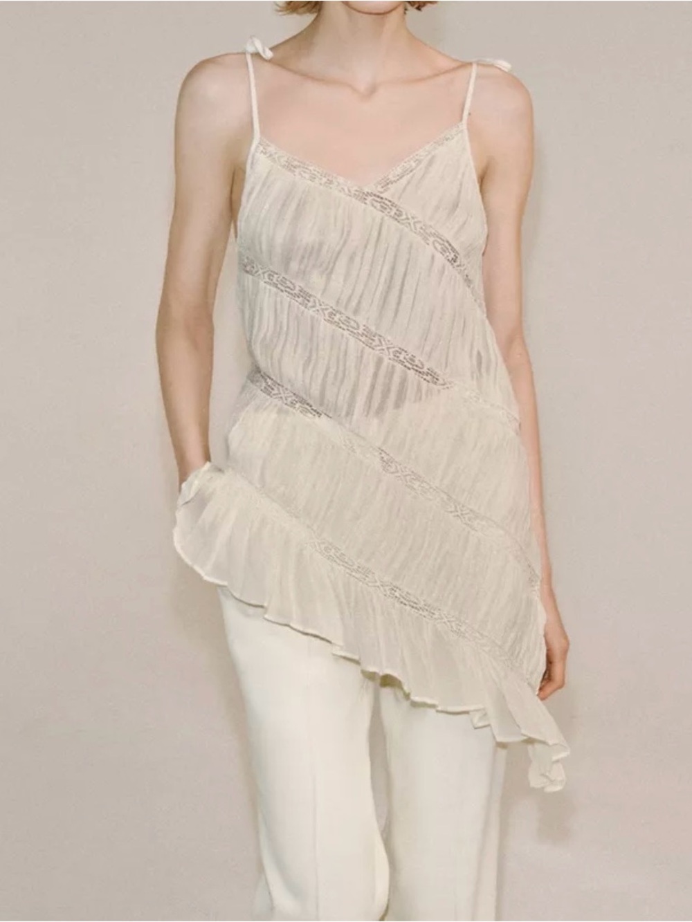 Zara Cream Lace-Trim Asymmetric Cami
